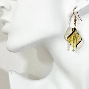 Amber Glass leaf dangle earrings. gold tone pierced jewelry